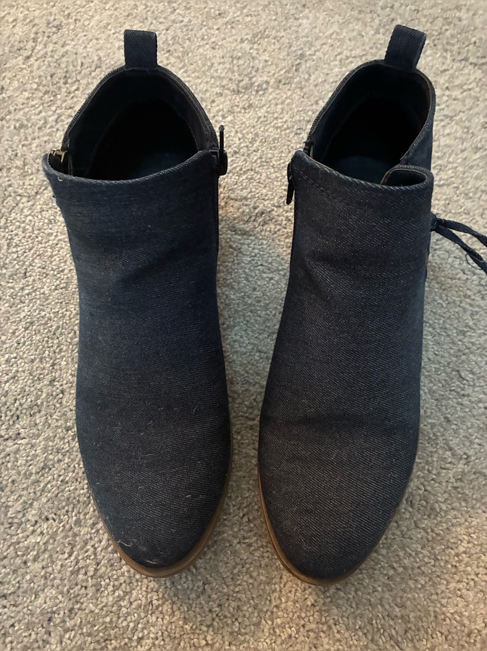Magpie Dark Navy Denim Fabric Ankle Booties w/side zips on both inside/outside